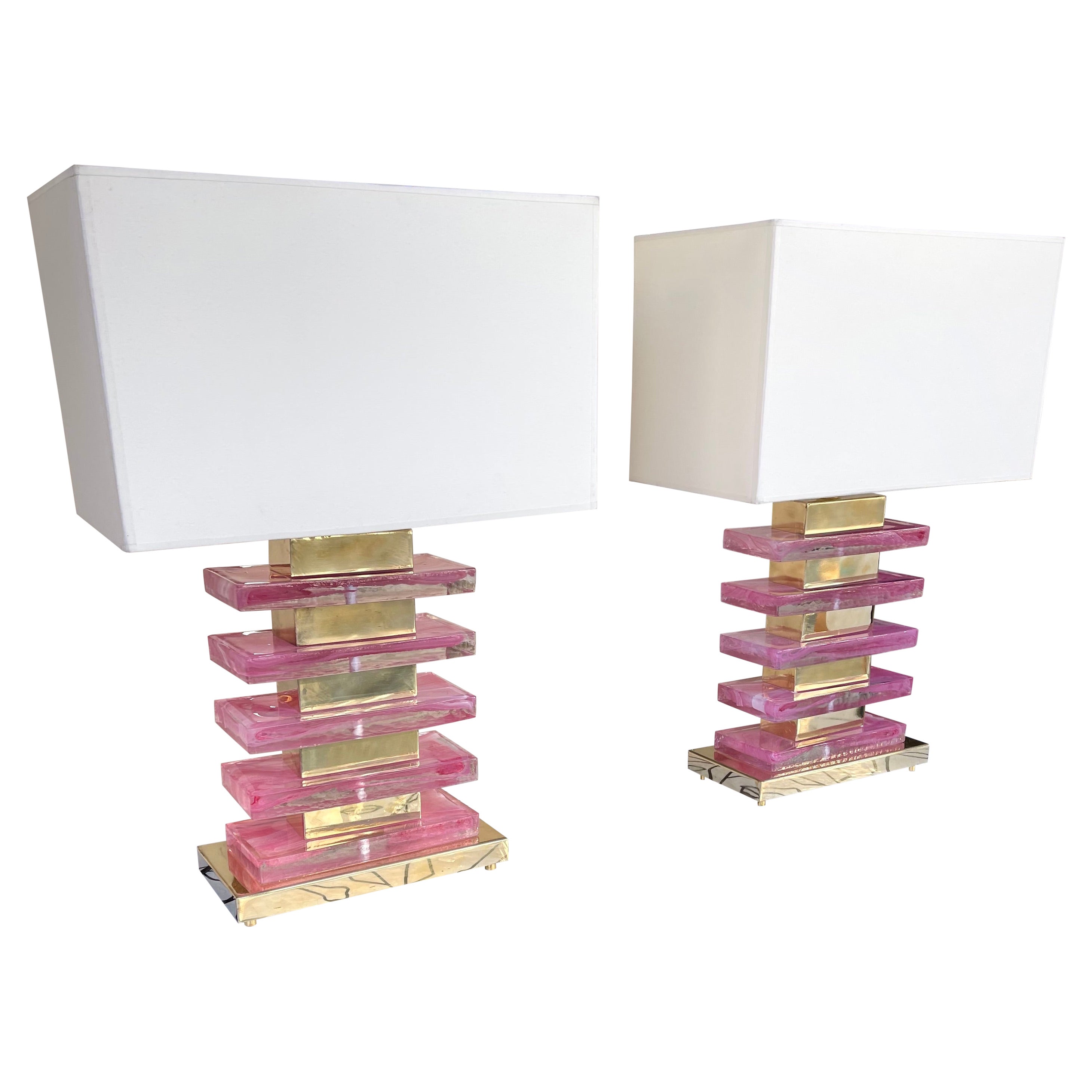 Contemporary Pair of Brass and Pink Murano Glass Blade Lamps, Italy