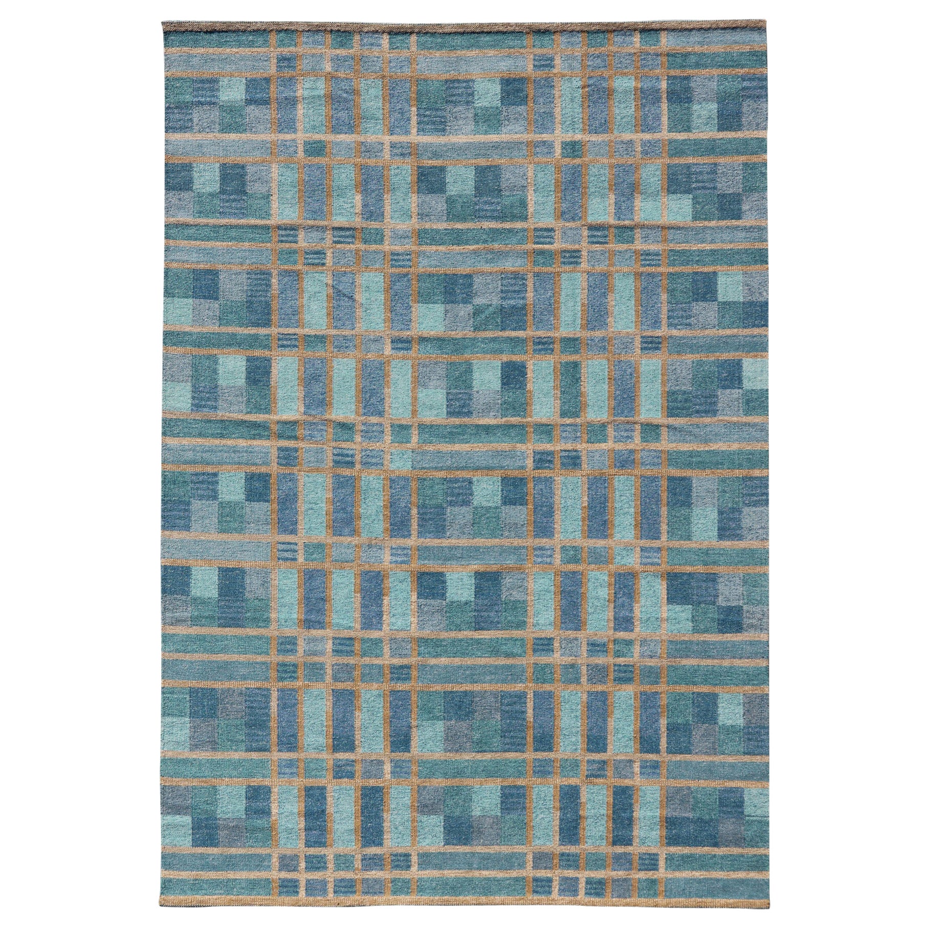 Large Scandinavian Inspired Design Rug in Blue, Teal, Green, and Gold