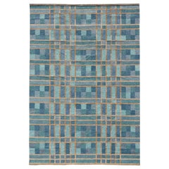 Large Scandinavian Inspired Design Rug in Blue, Teal, Green, and Gold