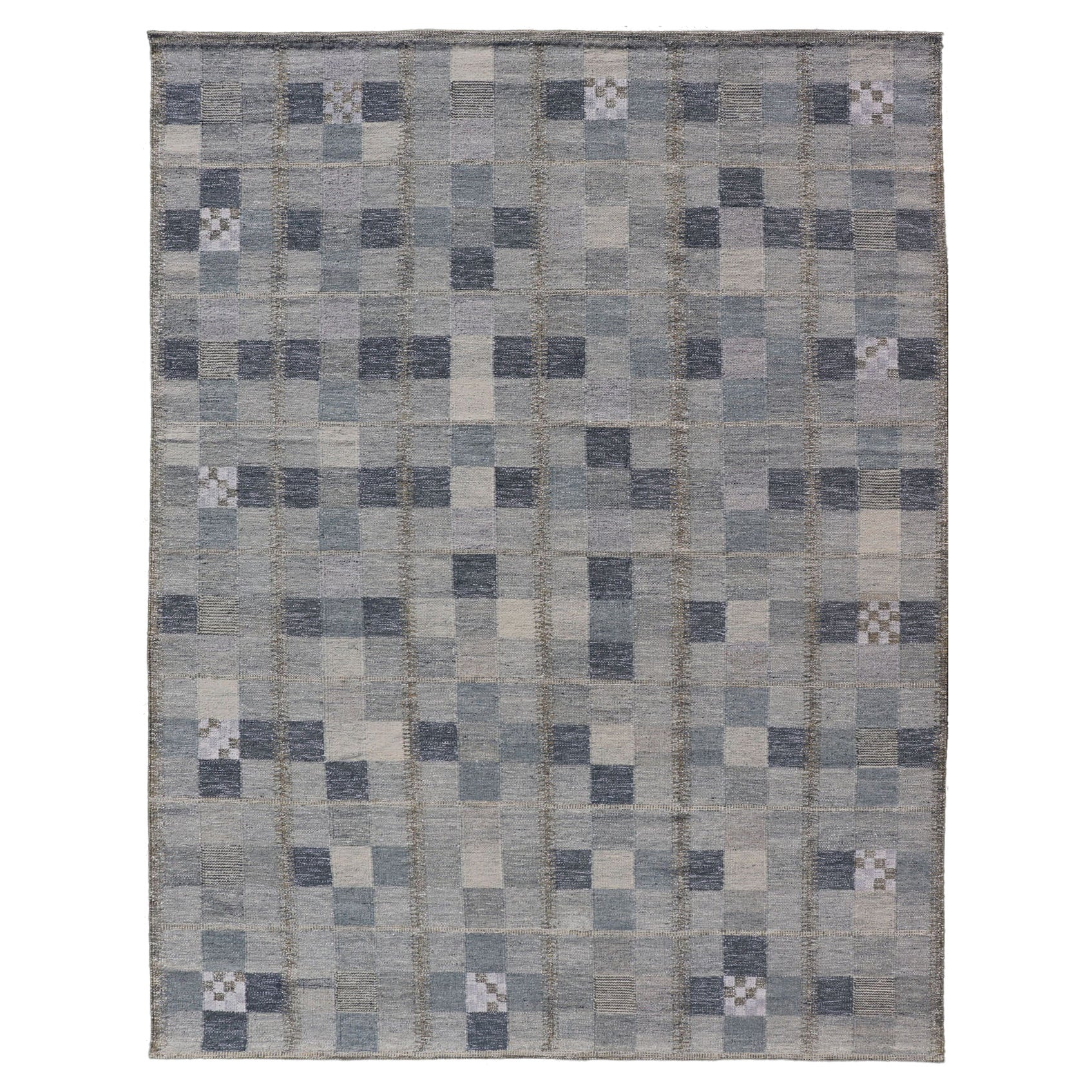 Scandinavian Style Flat-Weave Design Rug with Checkerboard Design in Gray, Blues For Sale