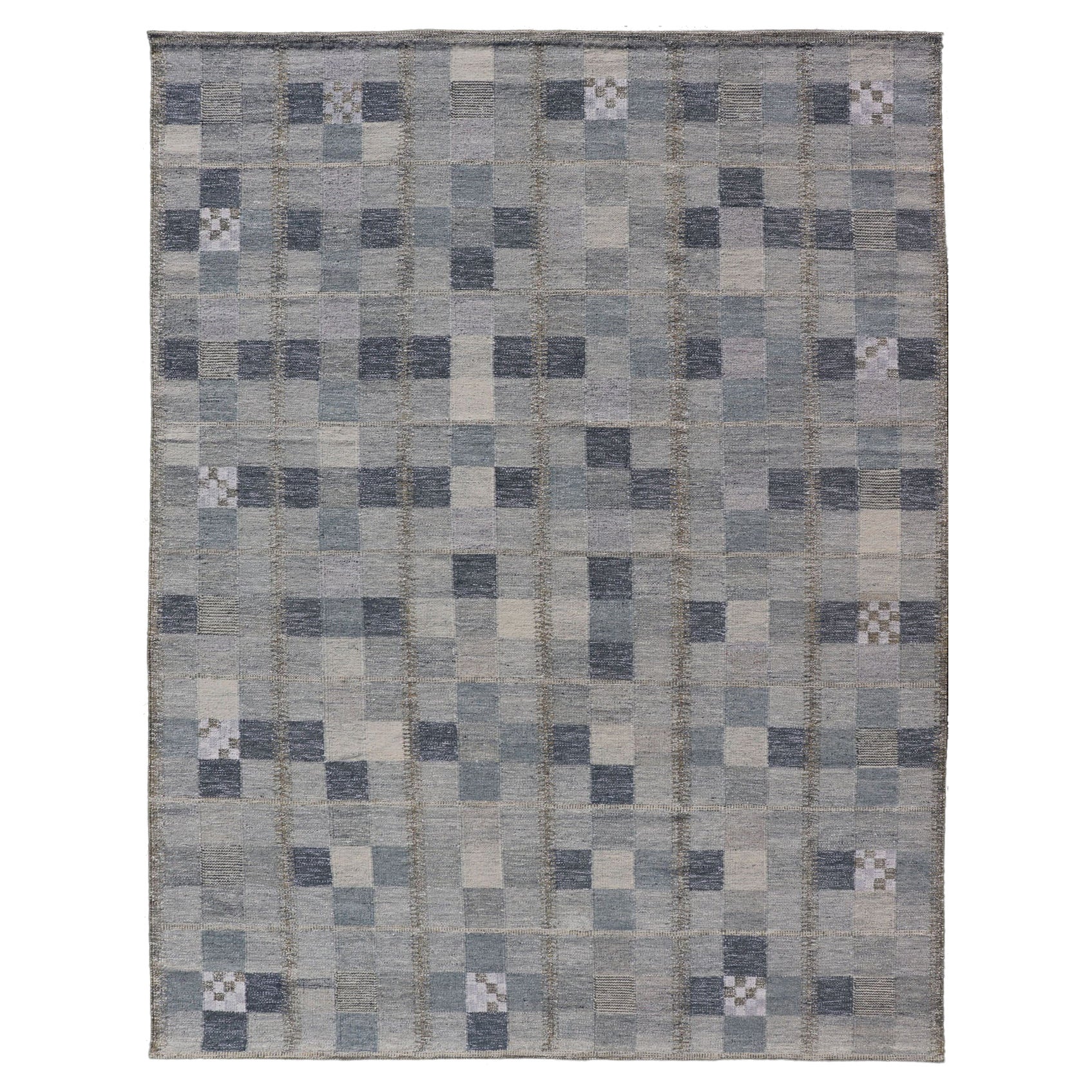 Alfombra de tejido plano estilo escandinavo con diseño de tablero de damas en gris y azul
