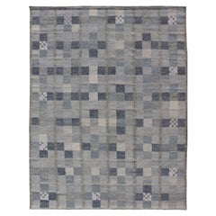 Scandinavian Style Flat-Weave Design Rug with Checkerboard Design in Gray, Blues