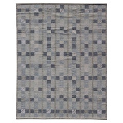 Scandinavian Style Flat-Weave Design Rug with Checkerboard Design in Grey, Blue
