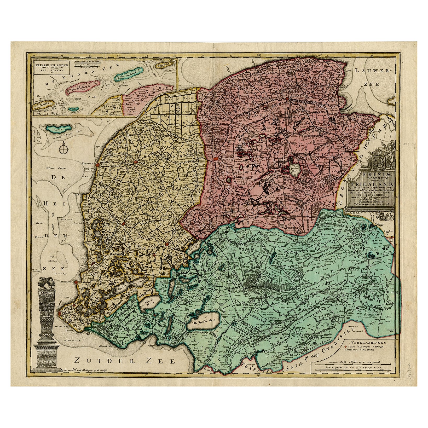 Detailed Antique Map of Friesland, Groningen and Drenthe, The Netherlands, c1735 For Sale