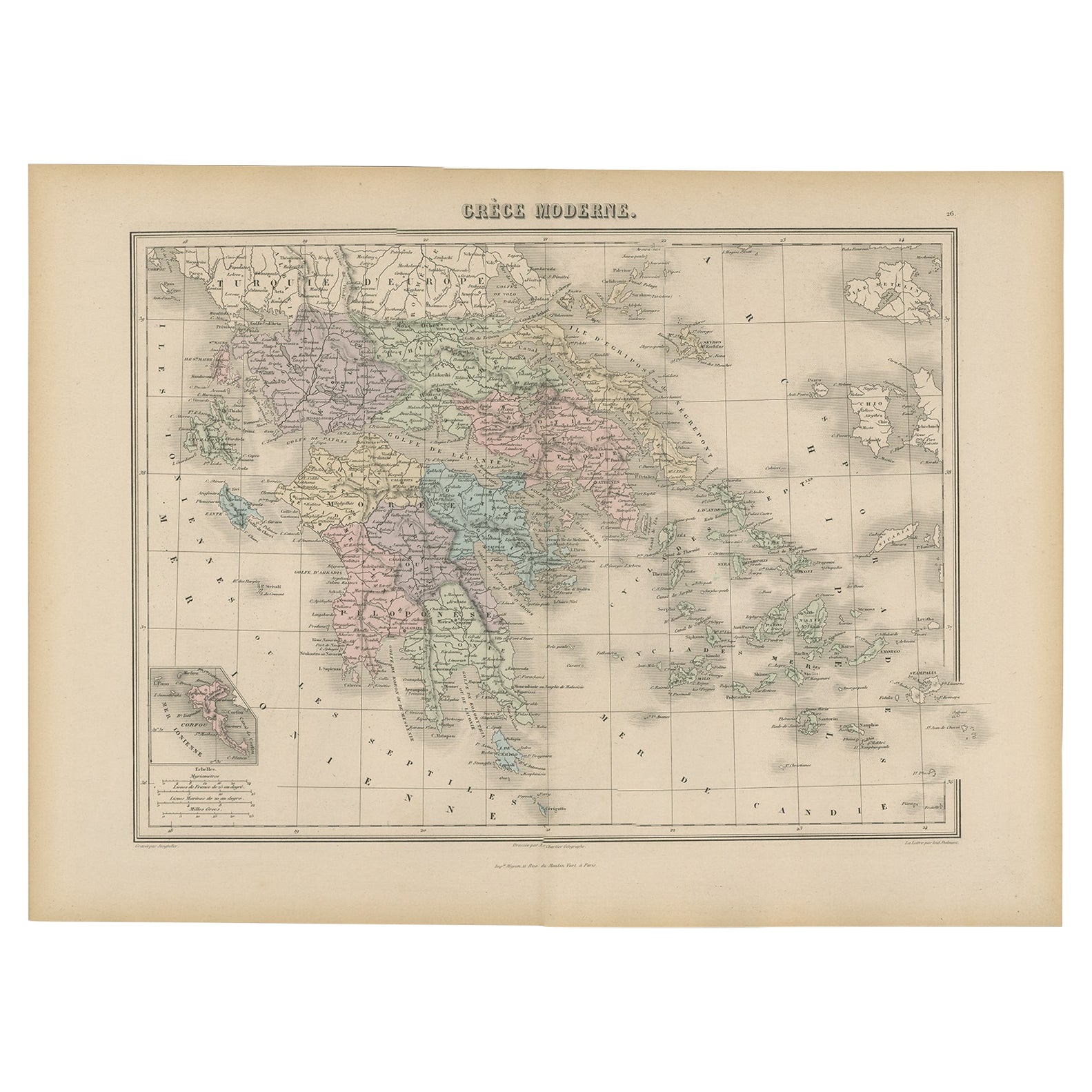 Antike griechische Karte von Griechenland aus einem Atlas der alten französischen Schule, 1880