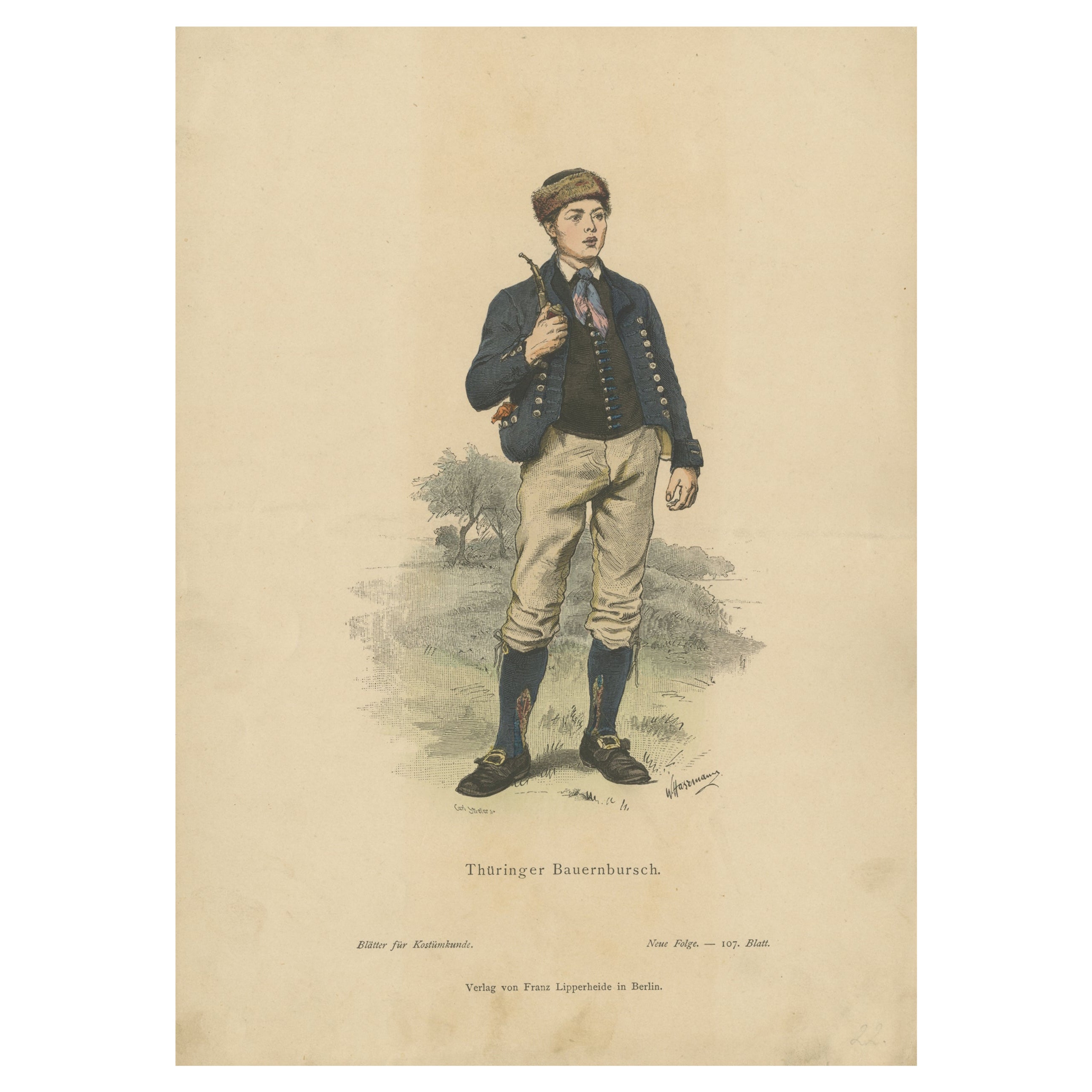 Antique Costume Print of a Peasant Boy from Thuringia in Germany, c.1880 For Sale