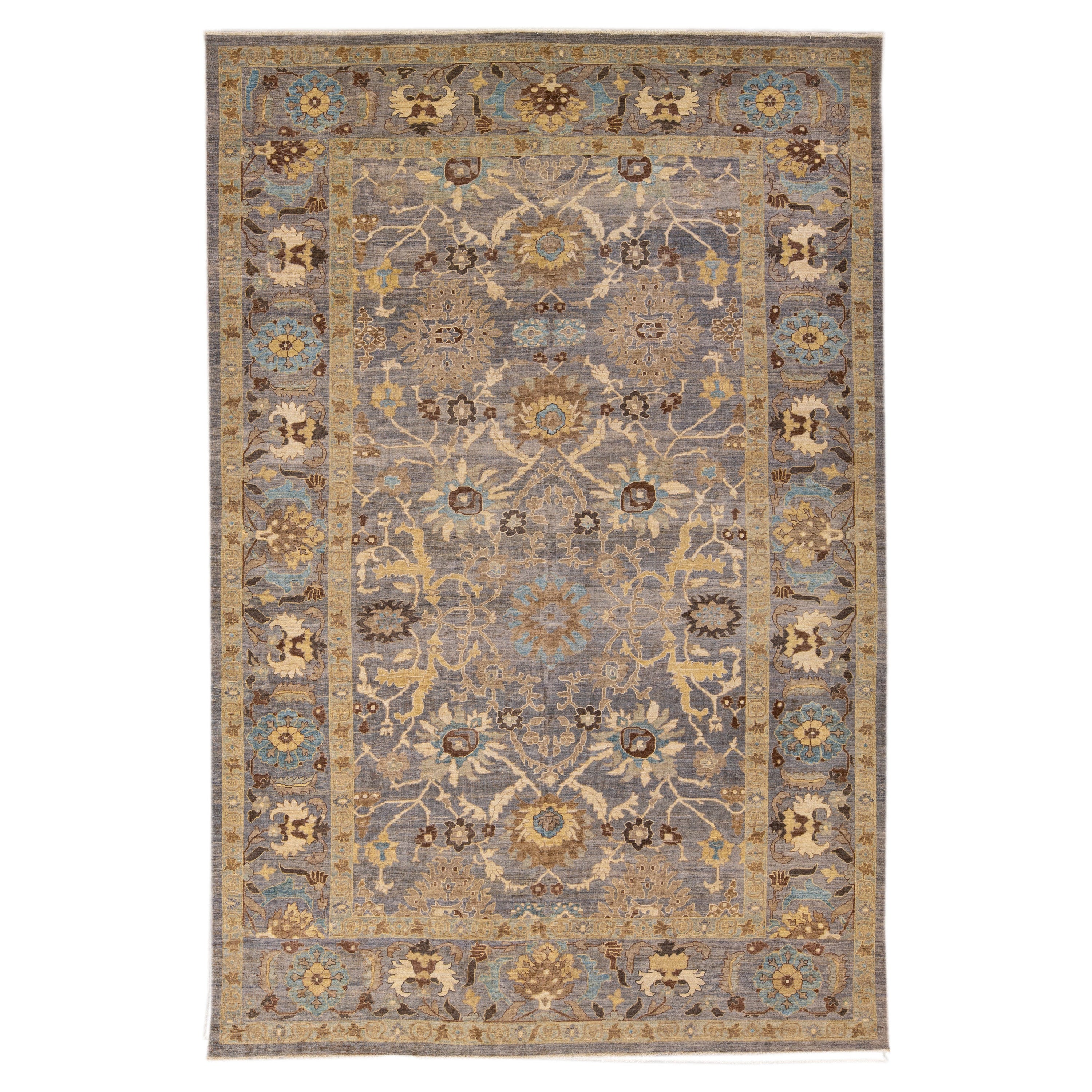 Gray Modern Sultanabad Handmade Floral Motif Oversize Wool Rug For Sale