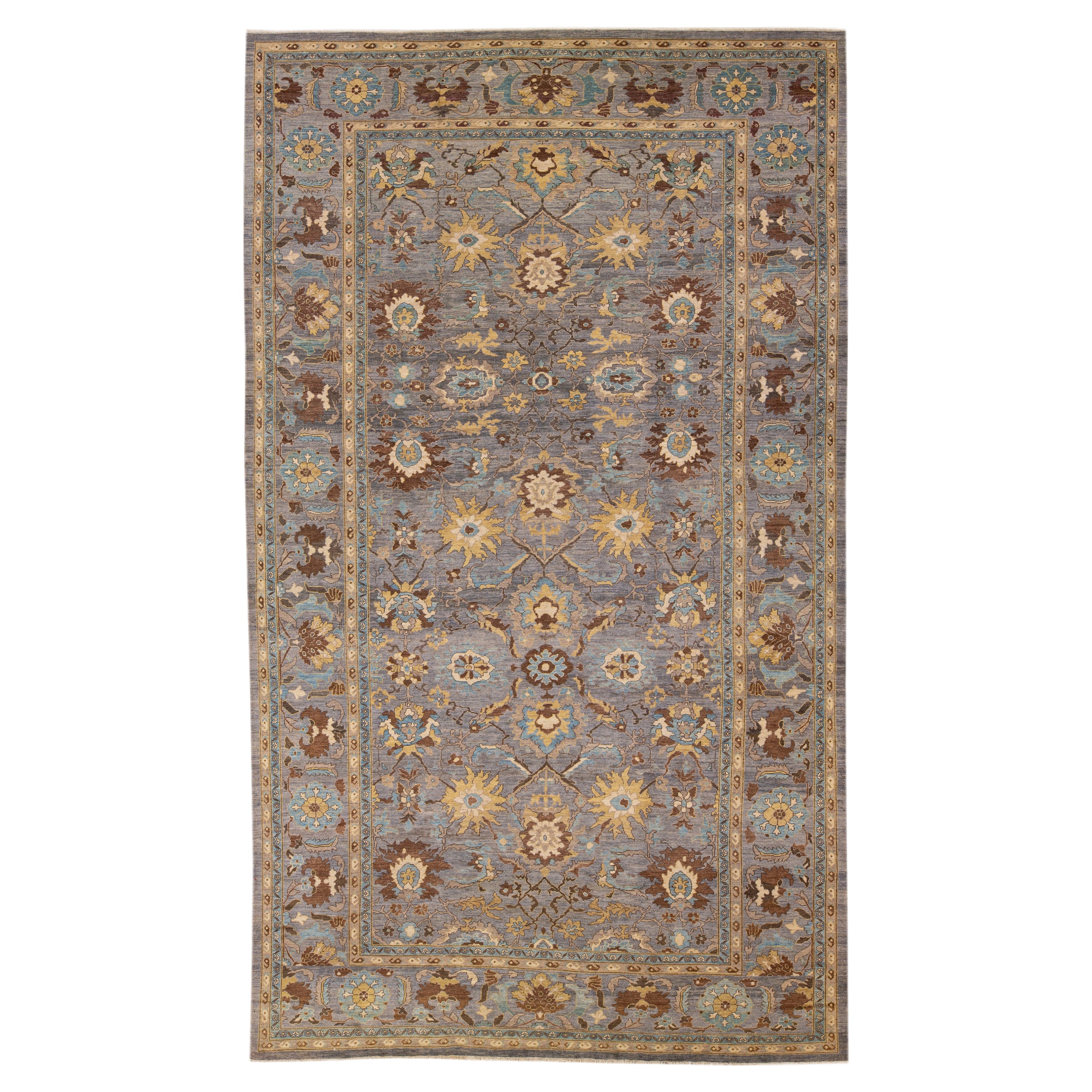 Modern Gray Handmade Sultanabad Floral Pattern Oversize Wool Rug For Sale