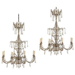 Pair of Italian Genovese Gilt Iron & Glass 8-Light Chandeliers, Mid-20th Century