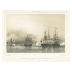 Litografía antigua de un combate entre barcos franceses y británicos, 1844