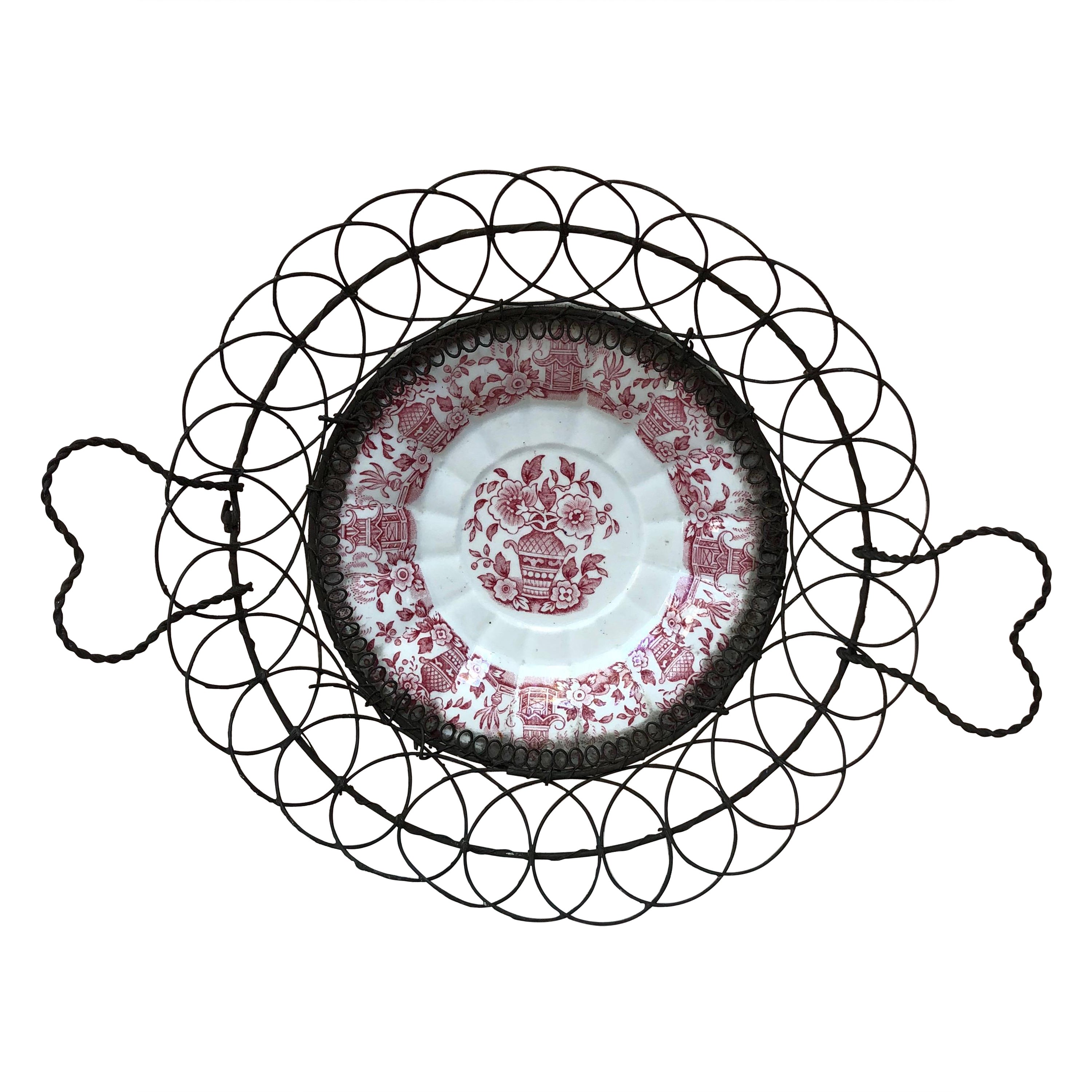 Cesta de alambre de mayólica francesa Gien circa 1890
