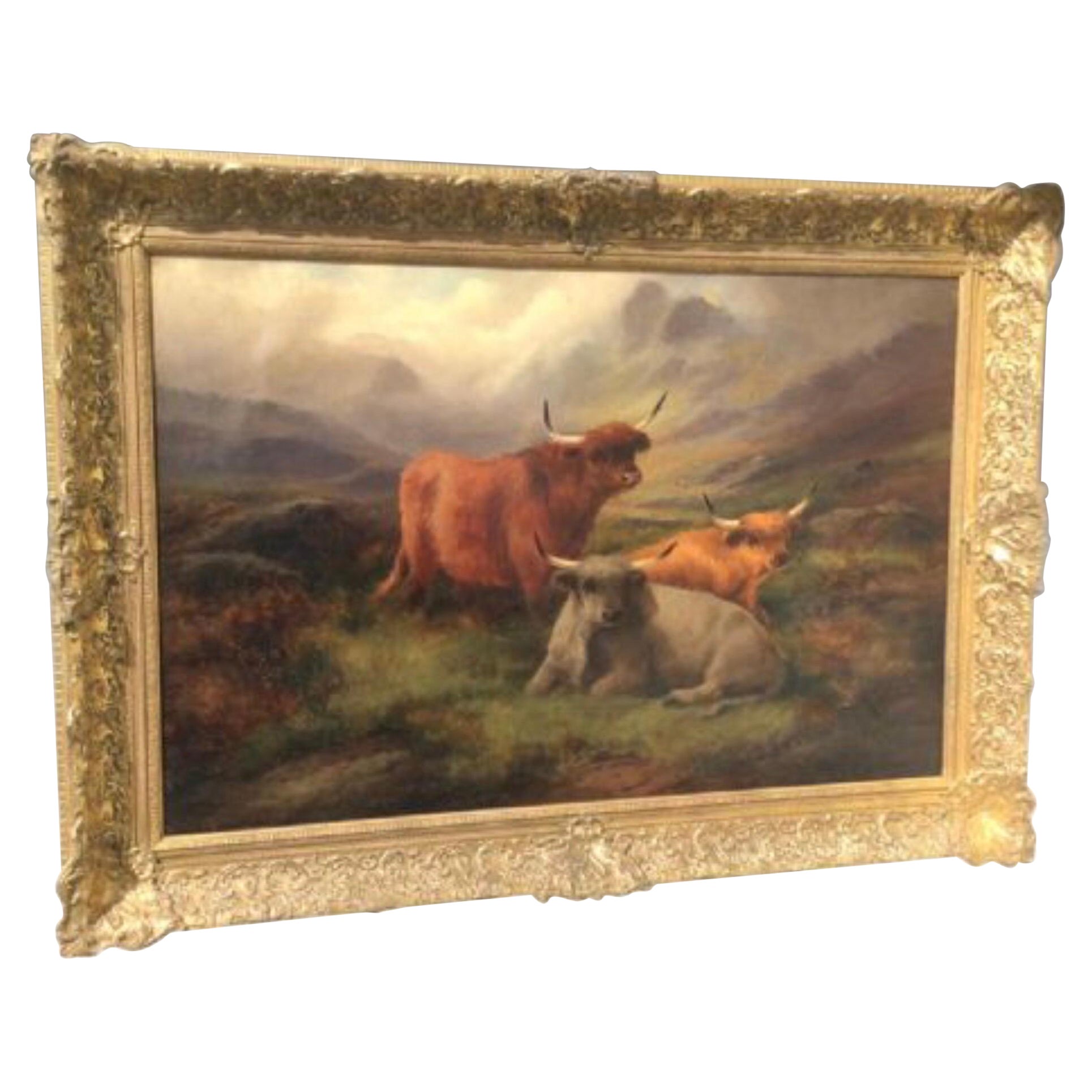 Antique Oil Painting, Scottish Scene Highland Cattle John W Morris, 1880 For Sale