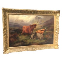 Antique Oil Painting, Scottish Scene Highland Cattle John W Morris, 1880