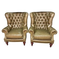 Pair Greenwich Design Custom Olive Green Leather Chesterfield Wing Back Chairs