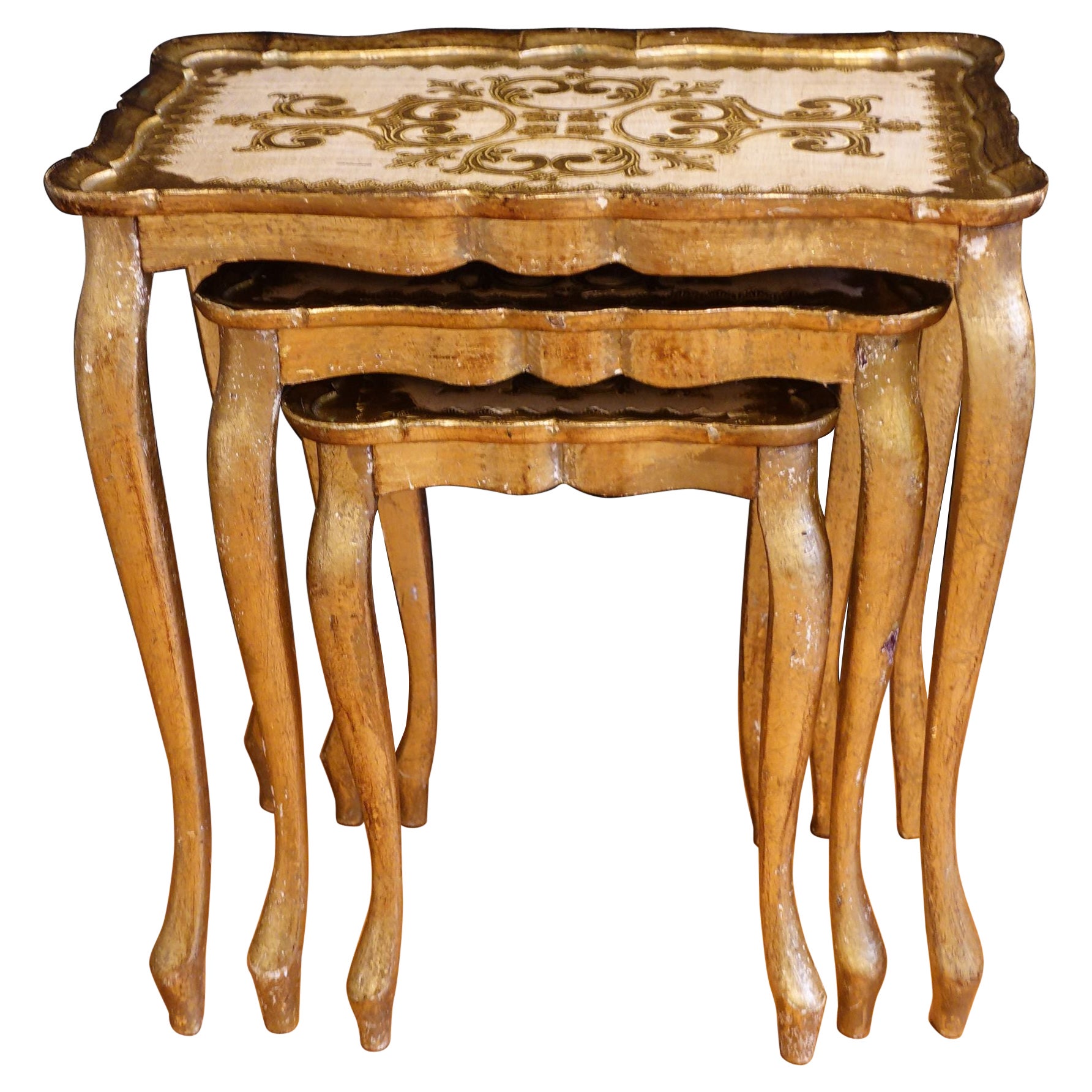 Gilded Wood Florentine Hollywood Regency Style Tole Set of Three Nesting Tables