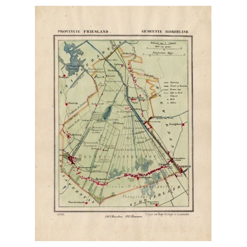 Antique Map of Haskerland, Township in Friesland, The Netherlands, 1868