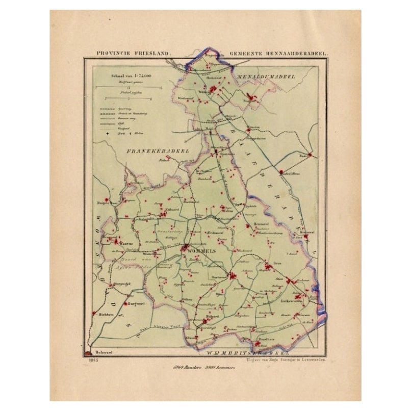Antique Map of Hennaarderadeel, Township in Friesland, The Netherlands, 1868