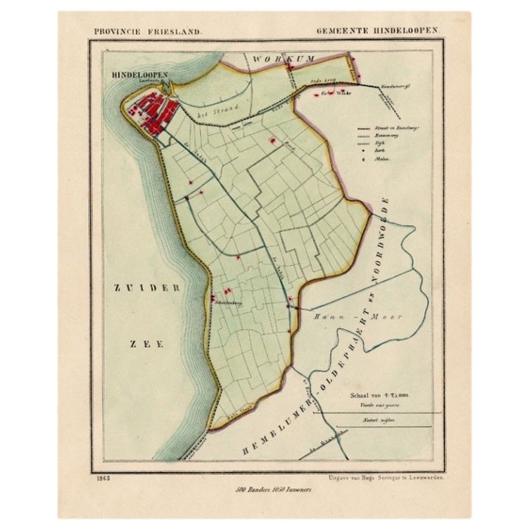 Carte ancienne de Hindelopen, ville portuaire pittoresque du Friesland, Hollande, 1868