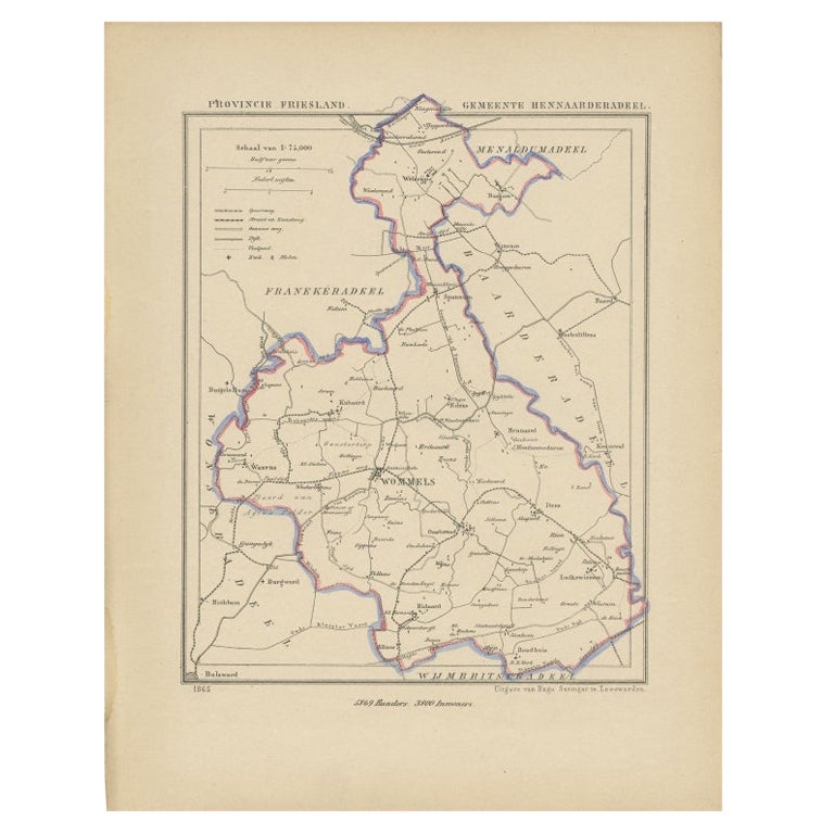Antique Map of Hennaarderadeel, Friesland, the Netherlands, 1868 For Sale