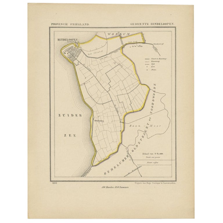 Carte ancienne de Hindelopen, une ville pittoresque dans le Friesland, aux Pays-Bas, 1868 en vente