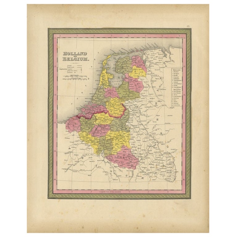 Antique Nicely Colored Map of Holland and Belgium, 1846 For Sale