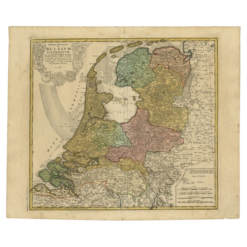 Detailed Old Map of the Seven Provinces of the Belgian/Dutch Federation, ca.1748 For Sale