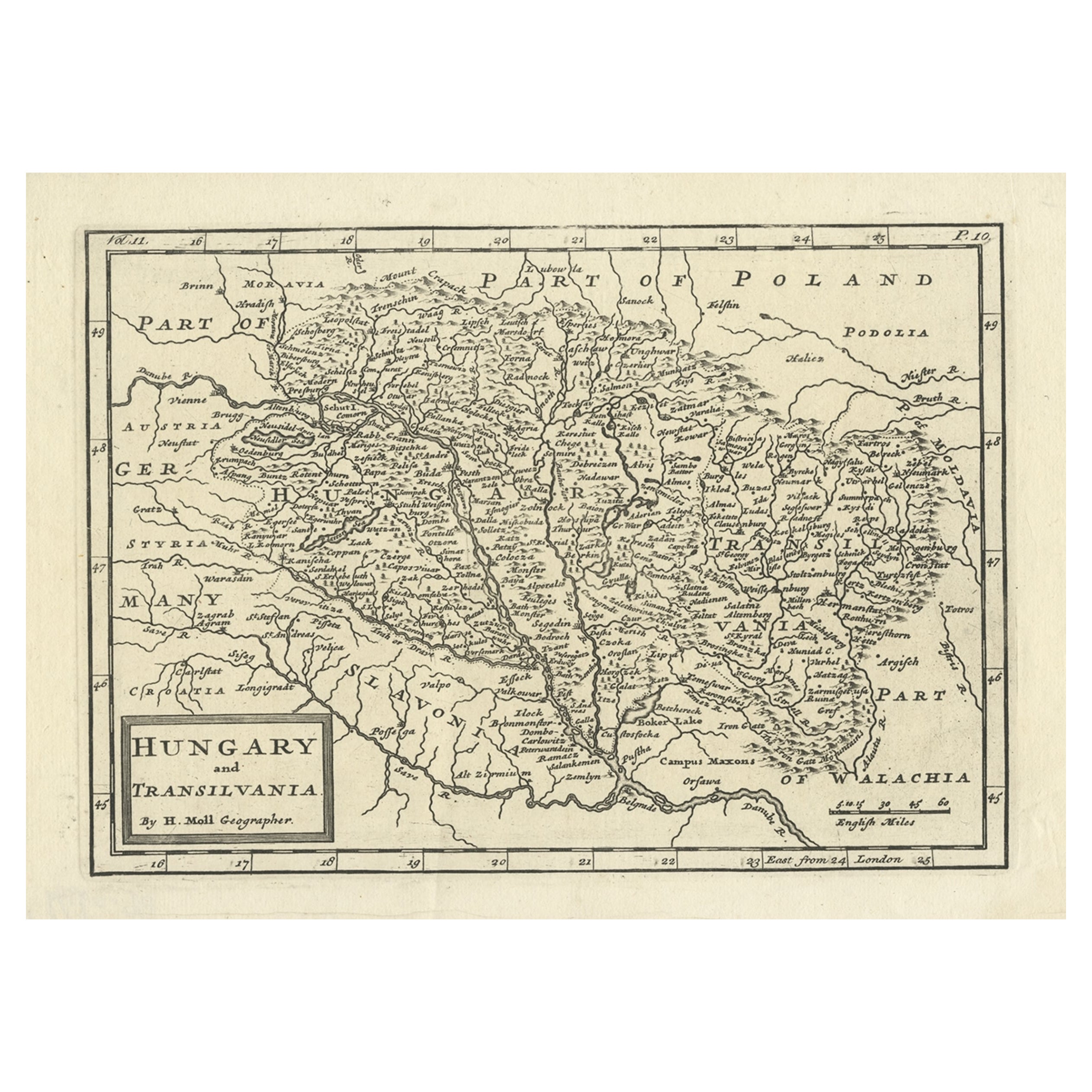 Antique Engraved Map of Hungary and Transylvania or Romania, c.1710 For Sale