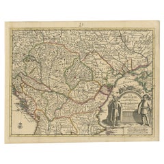 Antique French Map of Hungary con cartiglio decorativo, 1730 ca.
