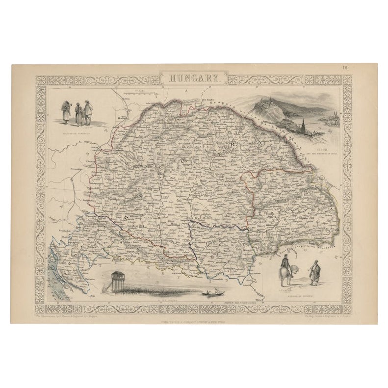 Alte gravierte Karte von Ungarn mit dekorativen Vignetten, 1851 im Angebot