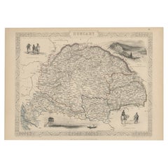 Old Engraved Map of Hungary with Decorative Vignettes, 1851
