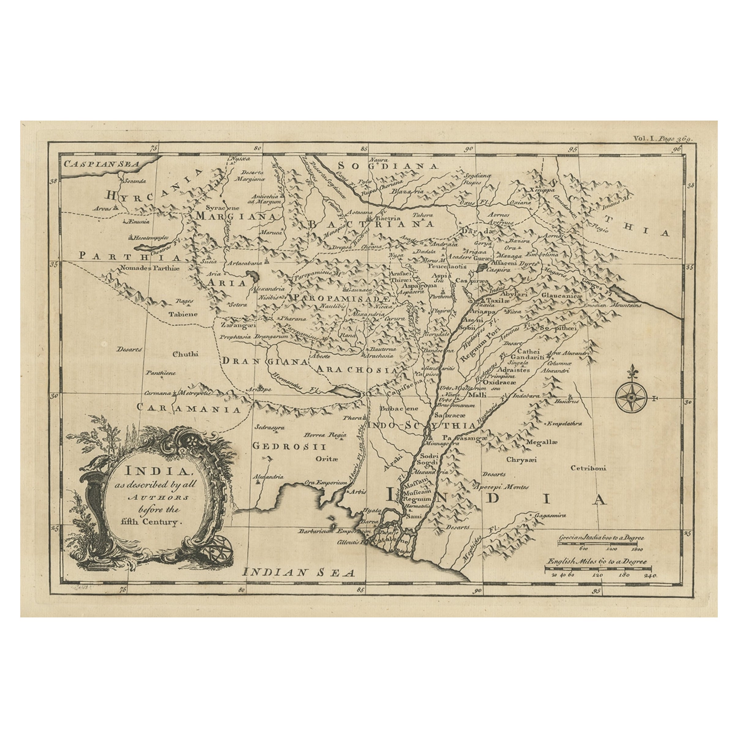 Antike Kartenkarte Indiens, wie beschriftet, vor dem 5. Jahrhundert, 1744 im Angebot