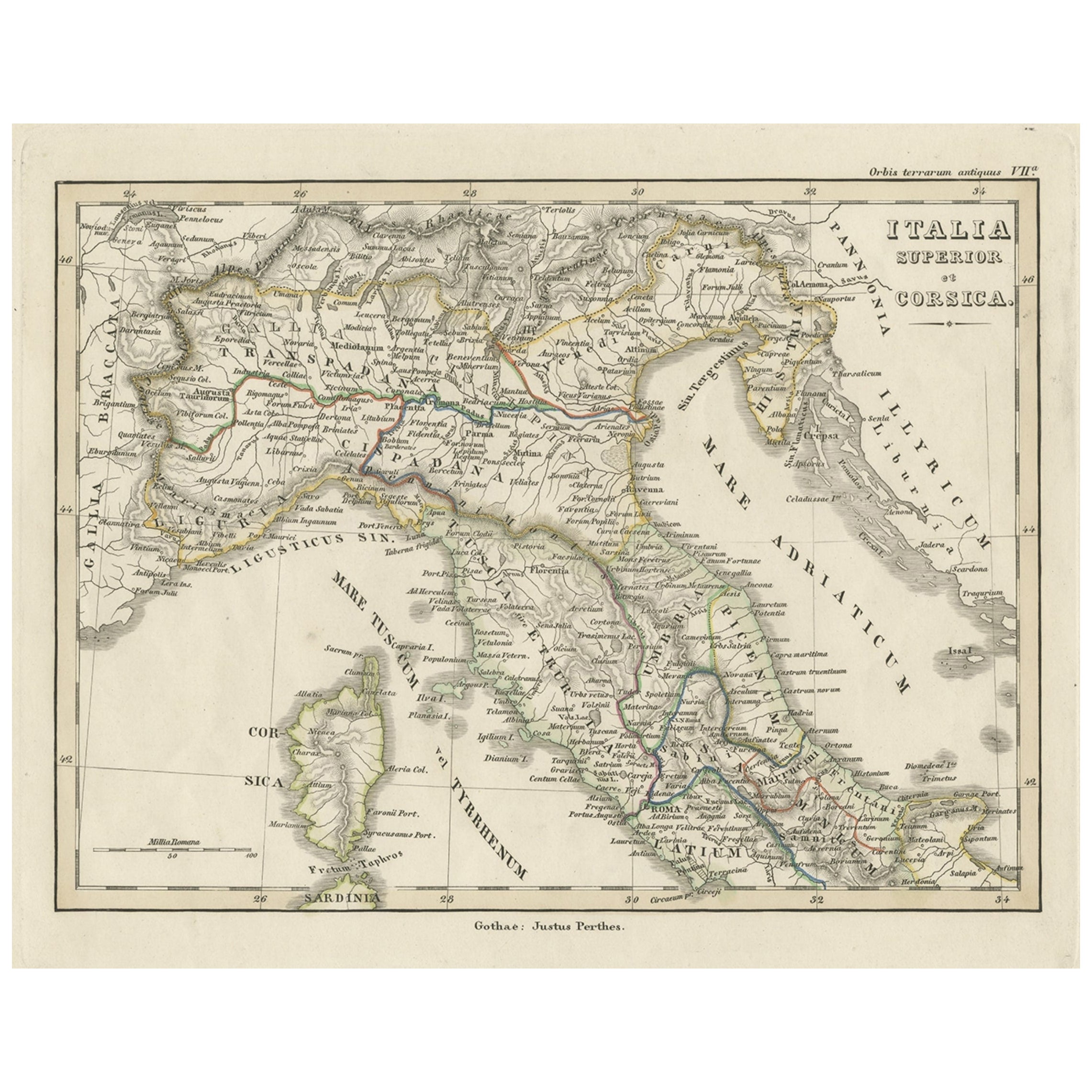 Antique Map of Italy and Corse in Ancient Times, 1848