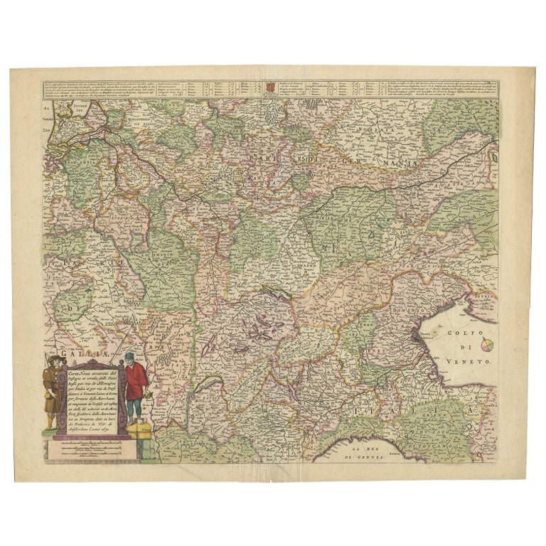 Old Detailed Trade Route and Shipping Map from Italy to the Low Countries, c1671 For Sale