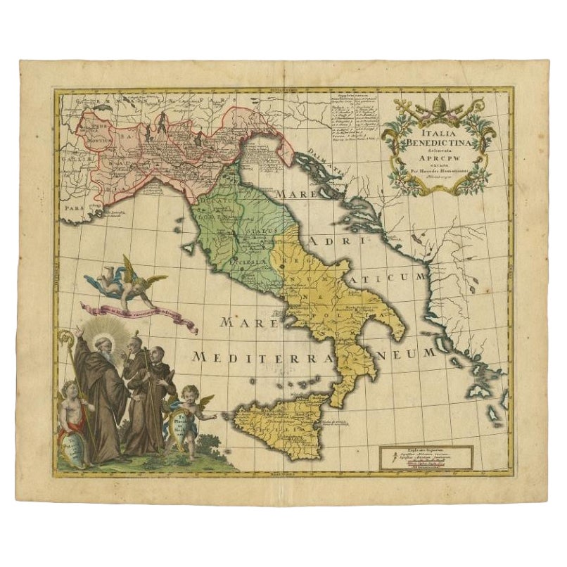 Carte Benedictine inhabituelle d'Italie, montrant divers États de l'Église, vers 1745 en vente