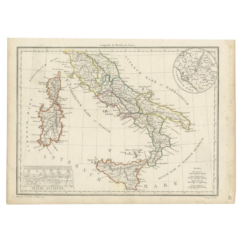 Carte ancienne d'Italie avec un encadrement de Rome, 1812