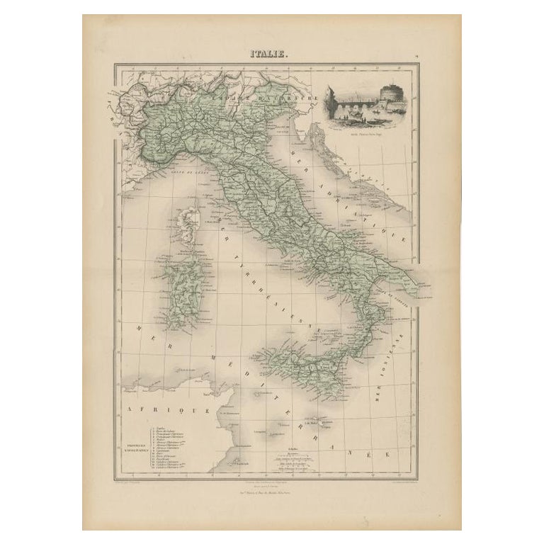 Antique Map of Italy with Vignette of Saint Angu Castle in Rome, 1880 For Sale