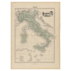 Antique Map of Italy with Vignette of Saint Angu Castle in Rome, 1880