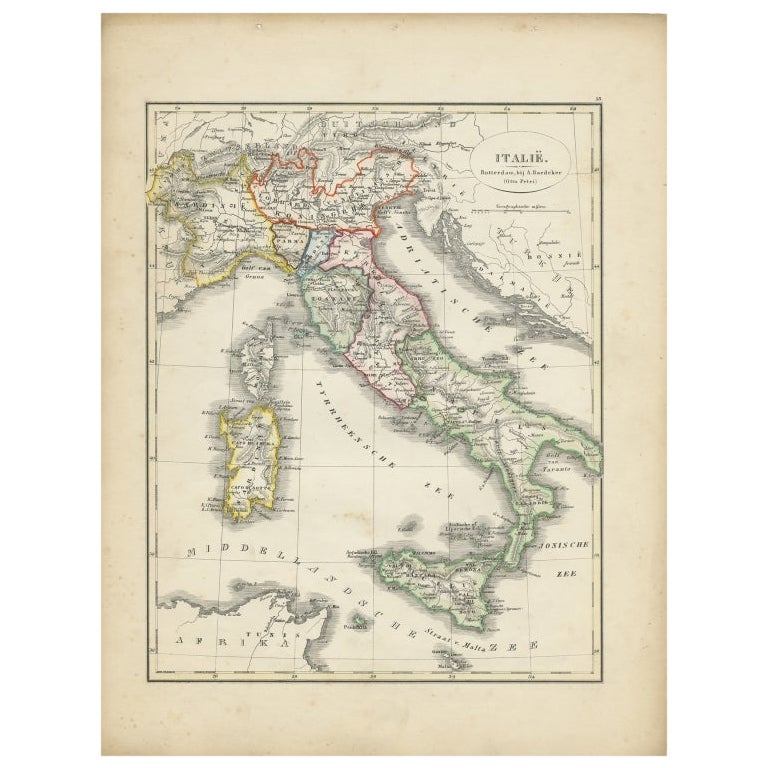 Carte ancienne d'Italie avec bordures colorées à la main, 1852