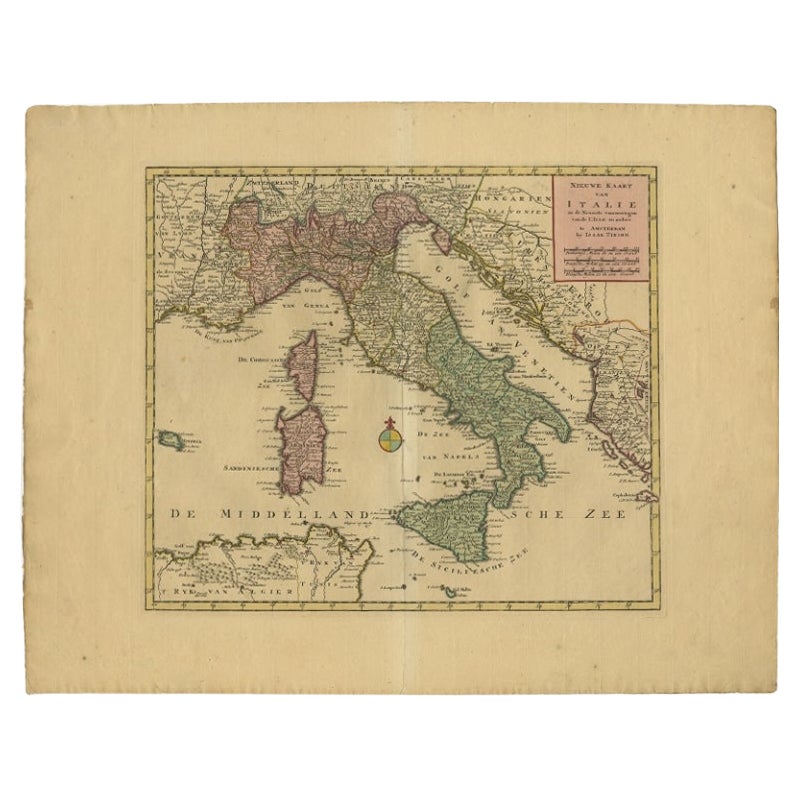 Antique Map of Italy, Showing Corsica, Sardinia, Croatia, Malta and More, C.1740 For Sale