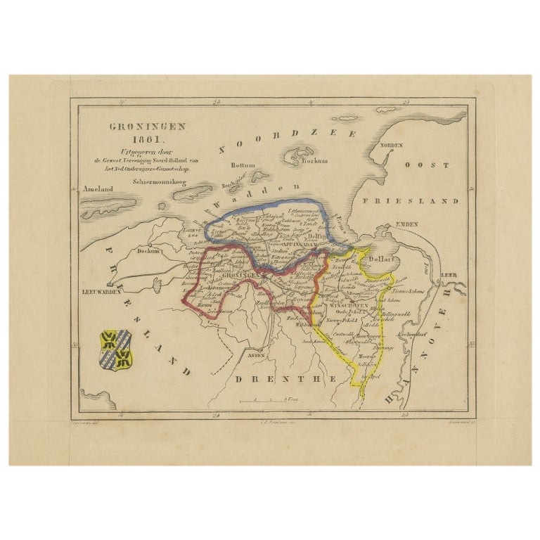 Antique Map of Groningen by Veelwaard, c.1865 For Sale