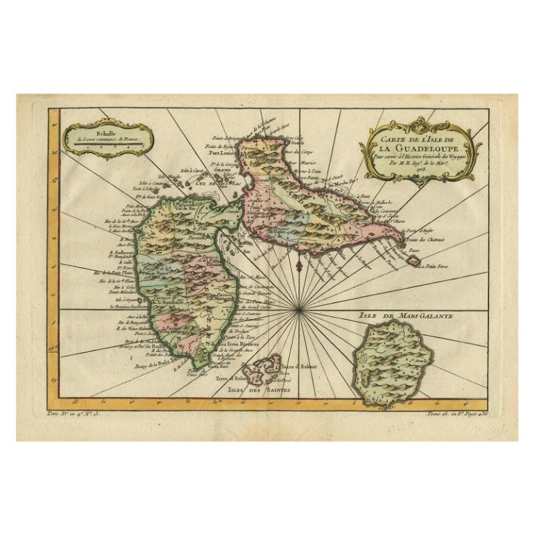 Antique Map of Guadeloupe, Island in the Caribbean, c.1757 For Sale