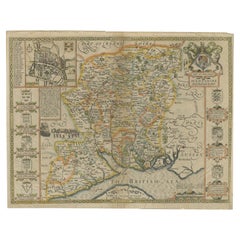 Antique Map of Hampshire with Inset Town Plan of Winchester, England, c.1614