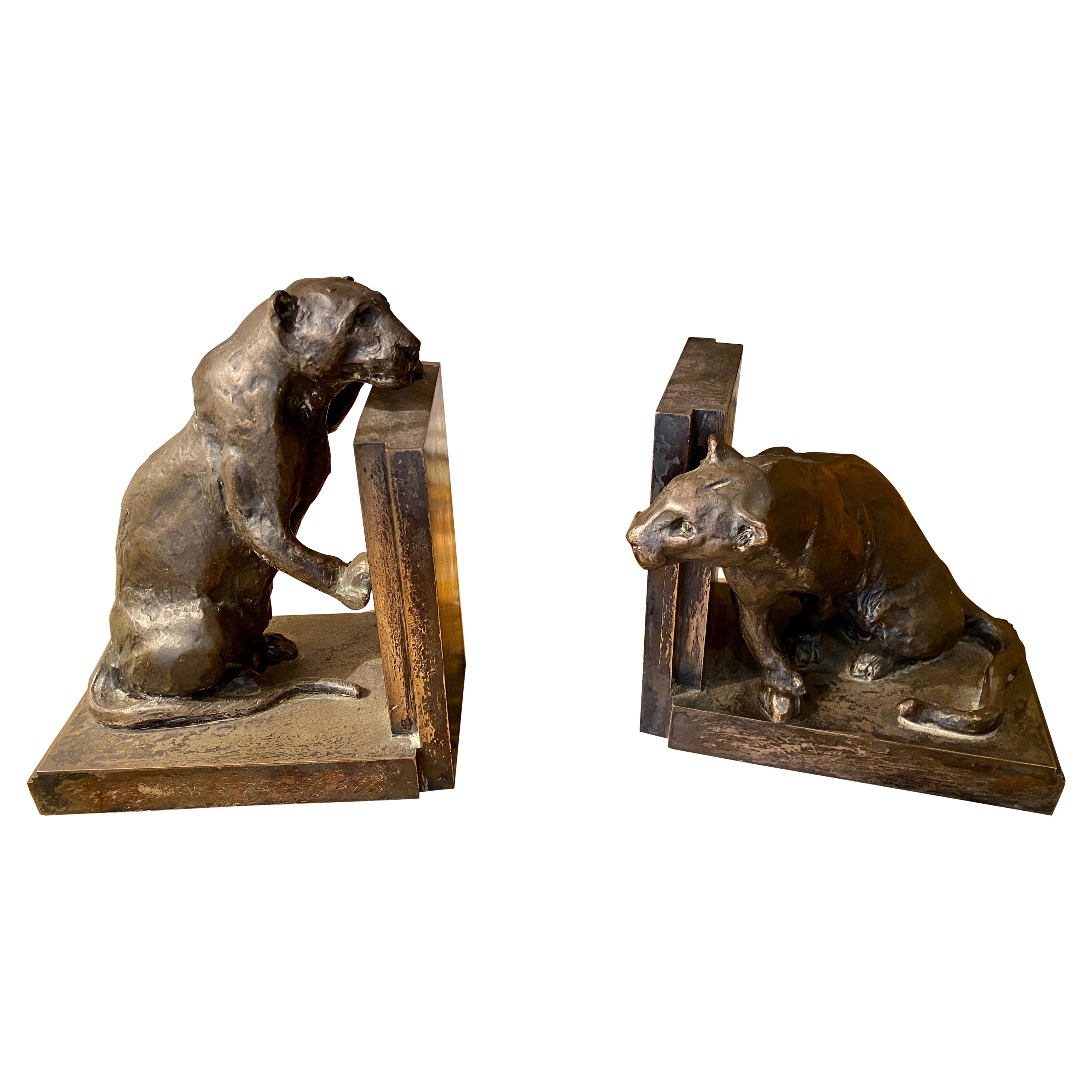 Roger Godchaux & Susse Frères, Pair of Silvered Bronze Bookends "Lionesses"  For Sale