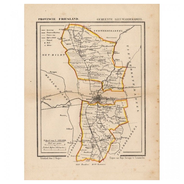 Antique Map of Leeuwarderadeel, Township in Friesland, The Netherlands, 1868 For Sale