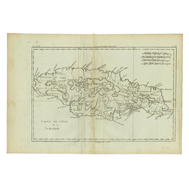 Highly Detailed Antique Map of Jamaica in the Caribbean, c.1780