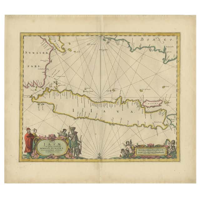 Antique Colourful Map of the Island of Java and Madura, Indonesia, C ...