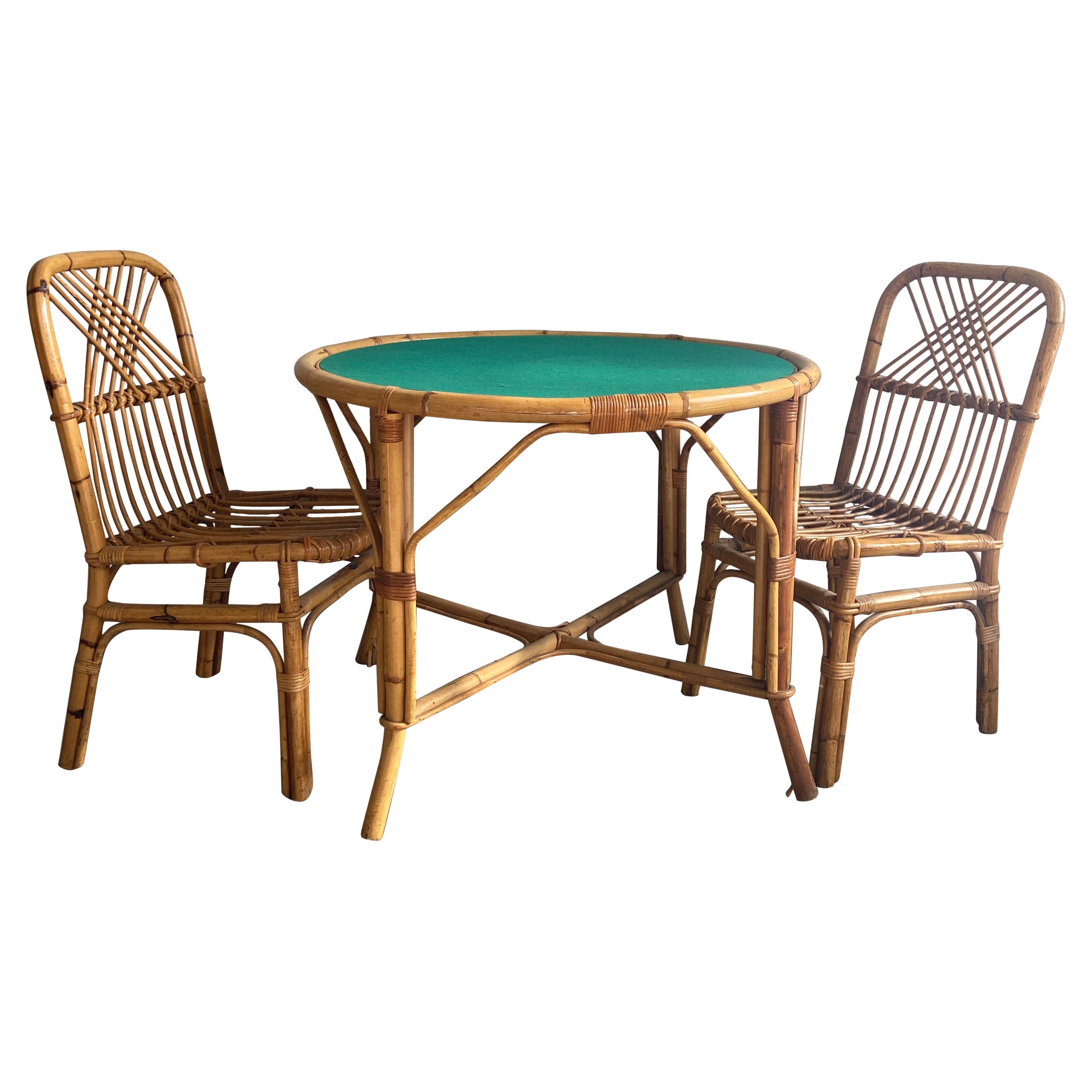 Mid-Century Modern Italian Bamboo Game Table Set with 2 Chairs, 1970s