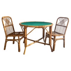 Mid-Century Modern Italian Bamboo Game Table Set with 2 Chairs, 1970s