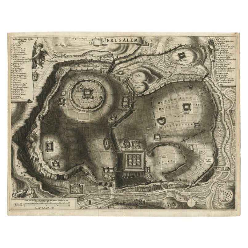 Antike detaillierte Karte von Jerusalem in Israel mit umfangreichem Schlüssel und Maßstab, 1698 im Angebot