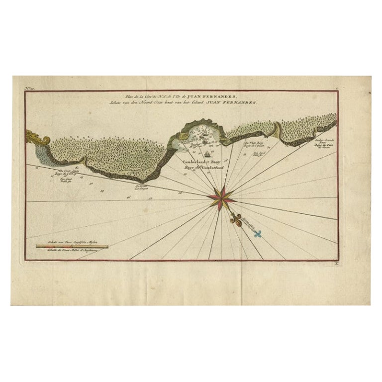 Carte ancienne de l'île de Juan Fernandez, Chili, vers 1750